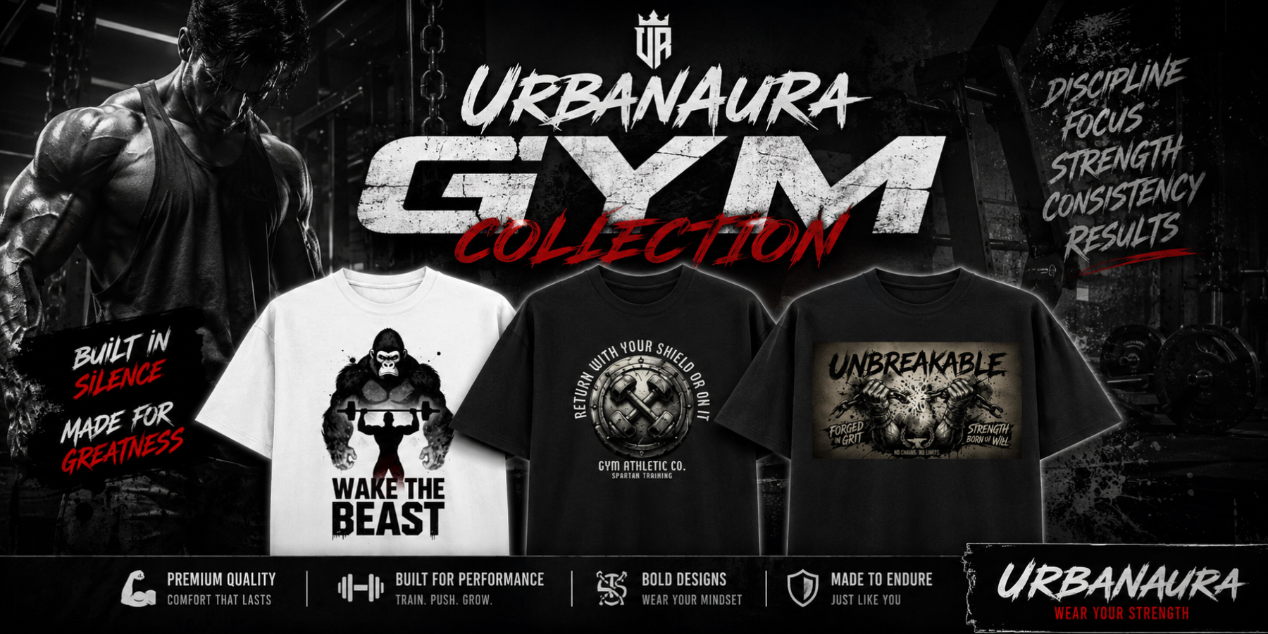 Promotional graphic for the Urbanaura Gym Collection, showcasing three graphic t-shirts: a white crewneck with a gorilla and 'Wake The Beast' print, a black crewneck with a circular gorilla graphic, and a black short-sleeve with a distressed 'UNBREAKABLE' gorilla graphic. The background is dark gym-themed with a muscular figure.
